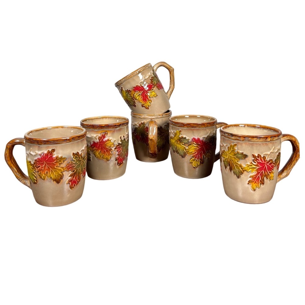 Set of 6 Autumn Maple Leaf Embossed Ceramic Mugs Rustic Fall Harvest Brown Beige